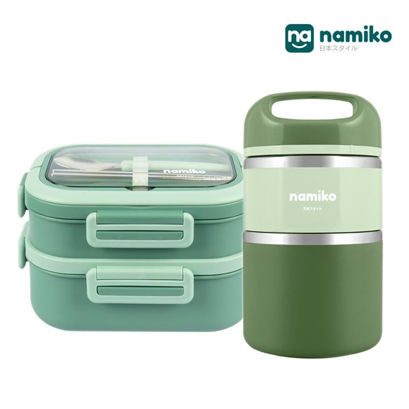 กล่องอาหาร 2 ชั้น พร้อมกระติกสเตนเลสเก็บอุณหภูมิ 2 ชั้น NAMIKO [SHIBUYA SET D] 1.65 ลิตร - สีเขียว_0